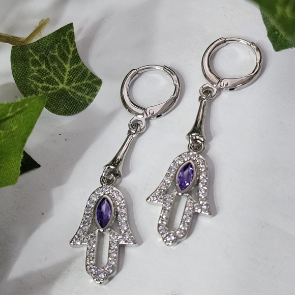 Silver Steel with Purple / Clear Zirconia Hamsa Hand Huggie Hoop Earrings - Picture 1 of 7